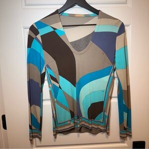 Emilio Pucci Printed Blue and Brown Abstract Blouse size medium/ 6 / Designer 40